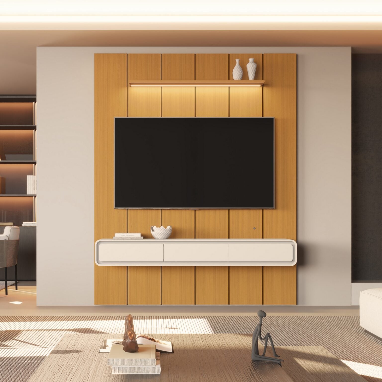 Painel até 75″ Lumi 1,88 m Cedro + Nicho Liv 1,80 Off White – EDN MÓVEIS