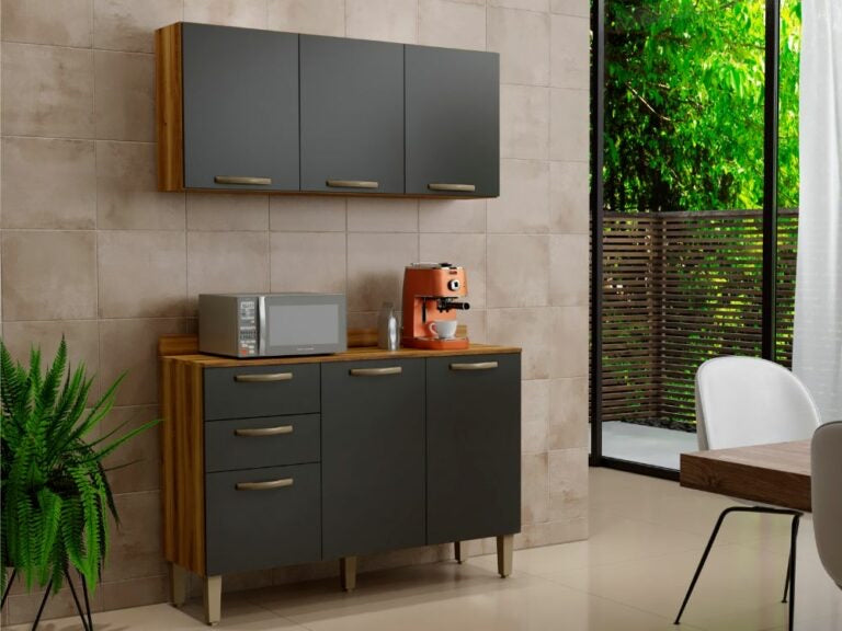 Combo Armário de Cozinha Aéreo 3 portas + Balcão 1.20 Valência – Carvalho/Grafite - Móveis furniture