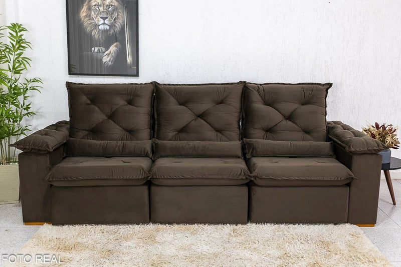 Sofá Retrátil Reclinável 2.70m Roma Veludo Marrom 19 - D28 Soft - Móveis furniture
