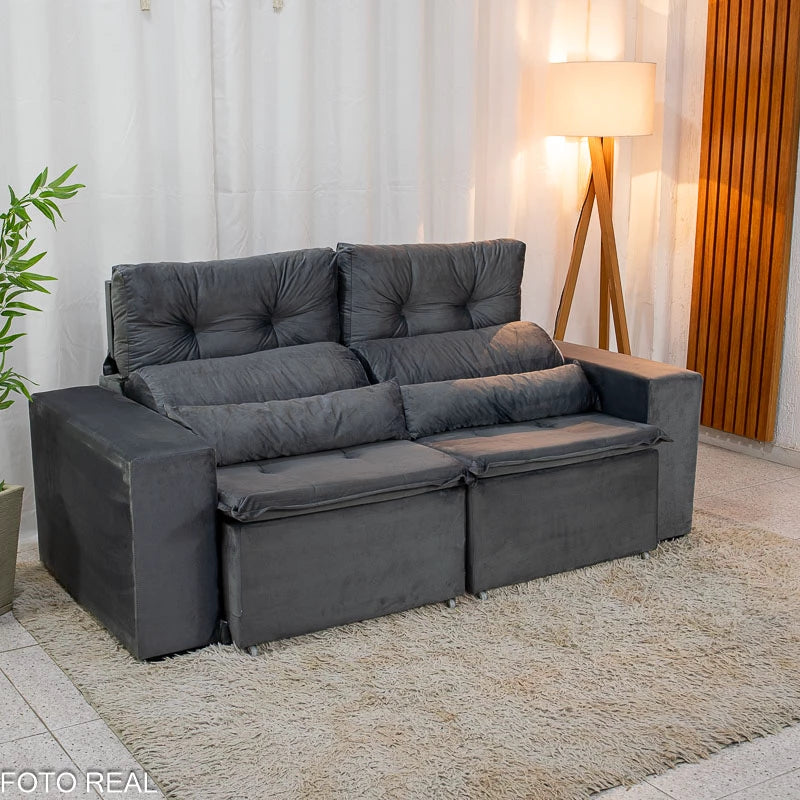 Sofá Retrátil Reclinável Bia 1.95m Veludo Cinza - D28