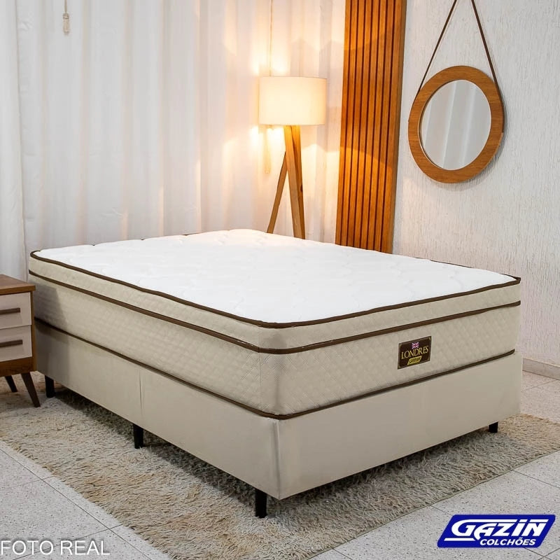 Box Casal Universal Liso Bege + Colchão Casal Londres 138x188x72 Molas BlueWave - Gazin