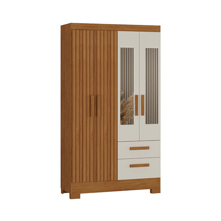 Roupeiro Fortaleza Plus 4P2G com Pes e Espelhos Canelato Rustico 3D.Canelato Natura.Off White Atualle Moveis