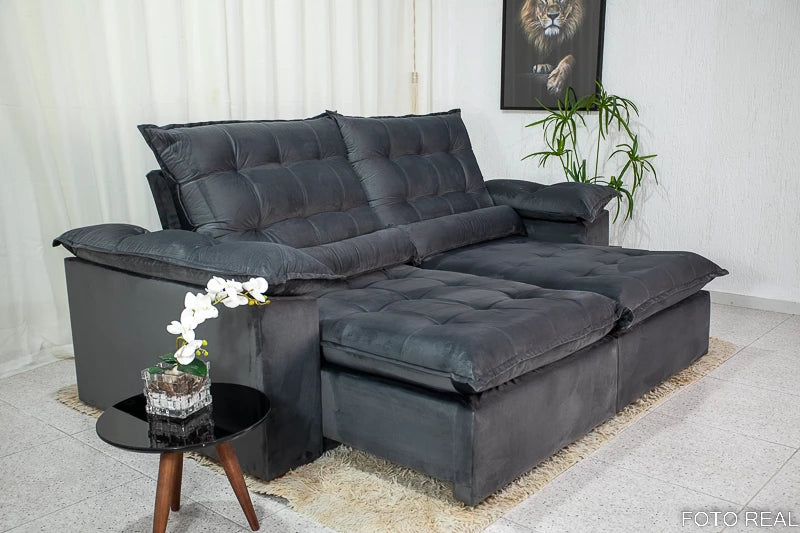 Sofá Retrátil Reclinável 2.90m Emanuelly Veludo Cinza - Móveis furniture