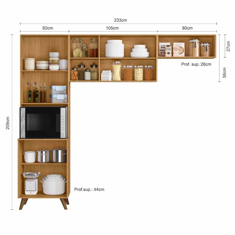 Armário Cozinha Olinda Ripado 3D 3 Peças Paneleiro + Aéreo 1.20m + Aéreo de Geladeira Freijó/Grafite Poliman - Móveis furniture