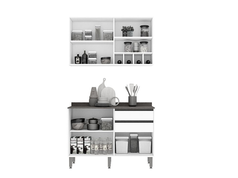 Combo Armário de Cozinha Aéreo 3 portas + Balcão 1.20 Pérola – Cinamomo/Grafite - Móveis furniture