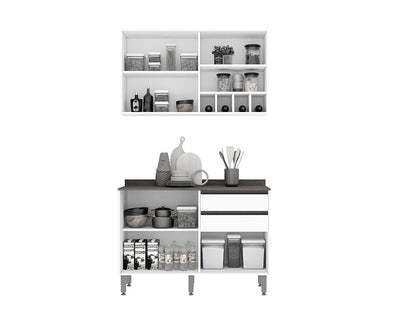 Combo Armário de Cozinha Aéreo 3 portas + Balcão 1.20 Pérola – Cinamomo/Grafite - Móveis furniture
