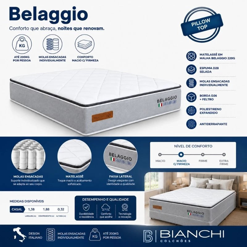 Colchão Casal Belaggio 138x188x32 Molas Ensacadas - Bianchi Colchões | Suporta até 200kg