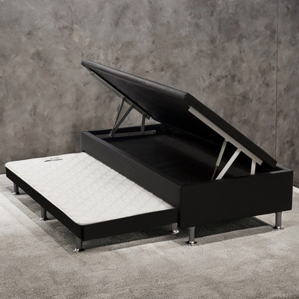 Base Box Solteiro Baú com Auxiliar Corino Preto – ALTO NÍVEL CAMAS E COLCHÕES