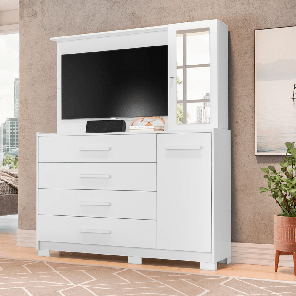 Cômoda Albatroz Ilhabela com Espelho 4 Gavetas 2 Portas BRANCO - Móveis furniture