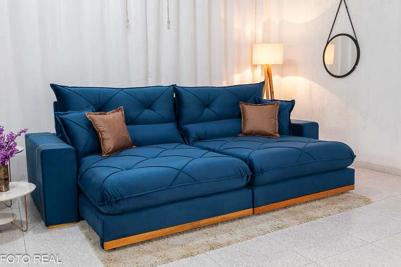 Sofá Retrátil Reclinável Gran Bello Veludo Azul Larg. 2.90m - D33 e Molas Ensacadas