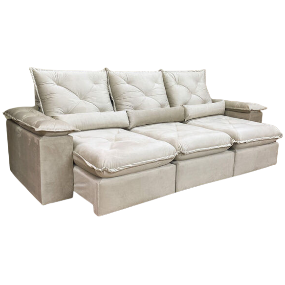 Sofá Retrátil e Reclinável Brasão 2,70 m Veludo Bege – MD ESTOFADOS