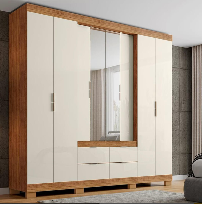 Guarda Roupa Londrina Casal com Espelho 8 Portas 4 Gavetas Rud Rack Cedro Areia - Móveis furniture
