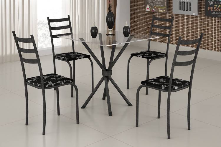 Conjunto Mesa Maraba 75x75 Martelado Tmp Vidro Quadrado com 4 Cds Martelado.Lirio Preto Teixeira