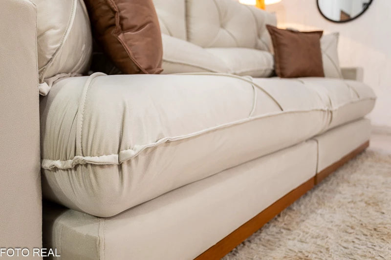 Sofá Retrátil Reclinável Gran Bello Veludo Bege Larg. 2.90m - D33 e Molas Ensacadas
