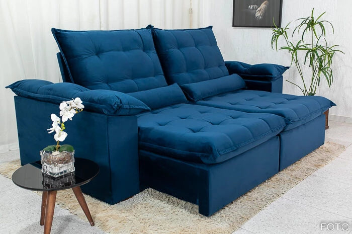 Sofá Retrátil Reclinável 2.00m Emanuelly Veludo Azul - Móveis furniture