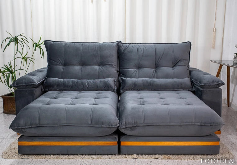 Sofá Retrátil Reclinável Ibis 2.30m Veludo Cinza 814 - D33 e Molas Ensacadas - Móveis furniture