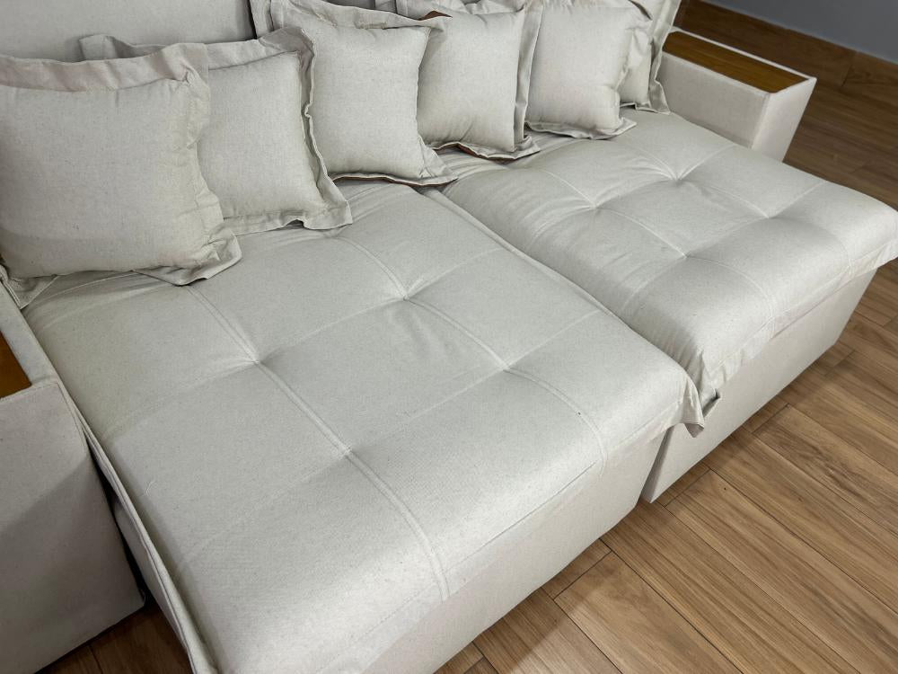 Sofá Cama Retrátil Reclinável Gabriella 2,10m Mod.80 – Bege Linho / Marrom Courino