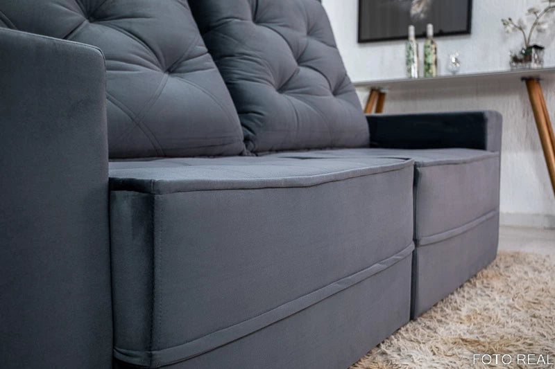 Sofá Retrátil Reclinável Berlim 2.50m Veludo Cinza - D33 e Molas Ensacadas - Móveis furniture