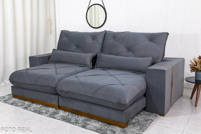 Sofá Retrátil Reclinável Luanda 2.50m Veludo Cinza 010 - Molas Ensacadas - Móveis furniture