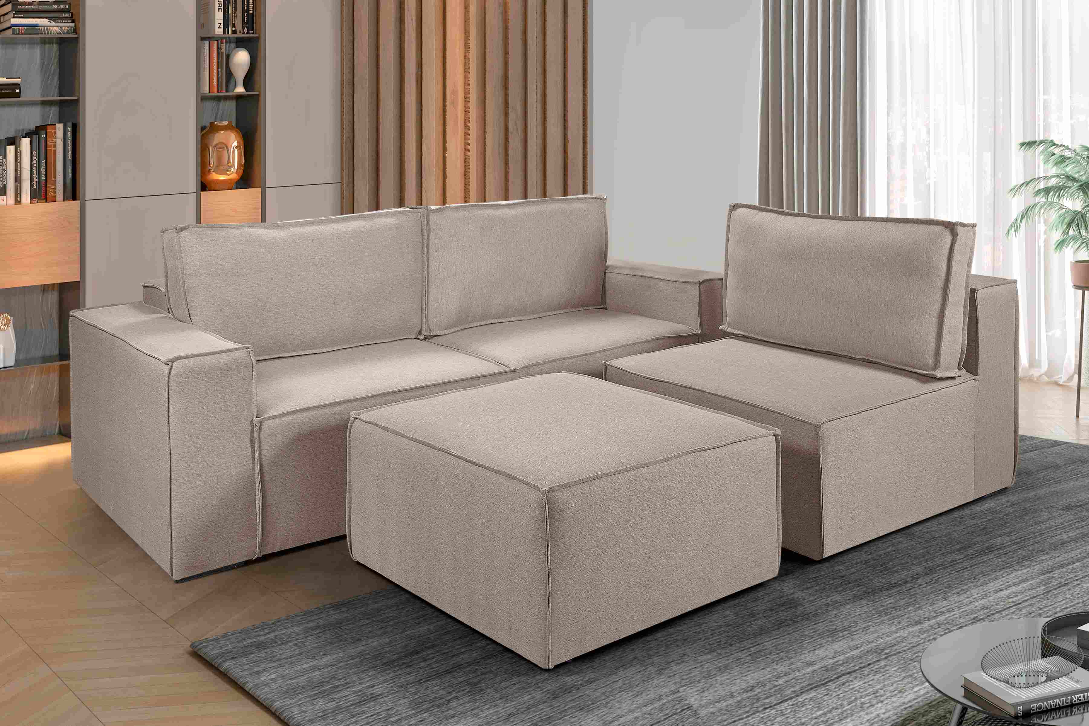 Estofado Domino 320 3x90 mais Braco 25 e Puff 90 Linho Bege 02 Idealle - Móveis furniture