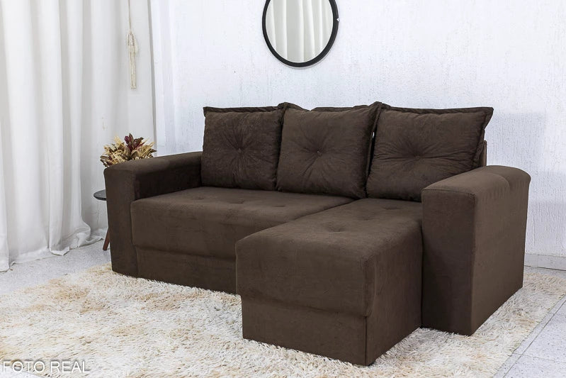Sofá 2 Lug. + Chaise Anil Larg. 2.00m Veludinho Marrom - Móveis furniture