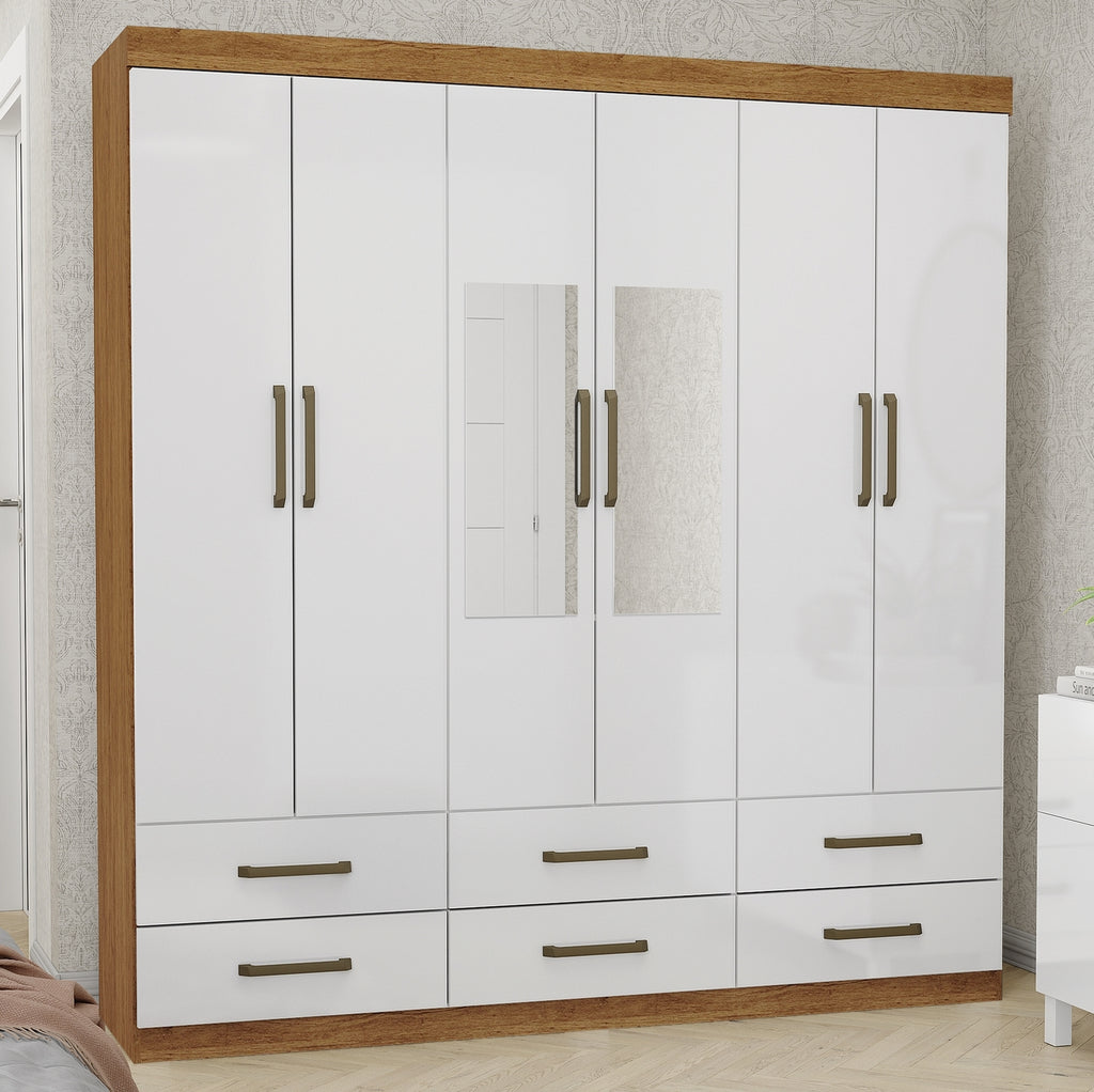Guarda-Roupa 6 Portas(Com Espelho/Sem Pés)Dallas 1,53 m Cinamono/Branco – CARIOCA MÓVEIS