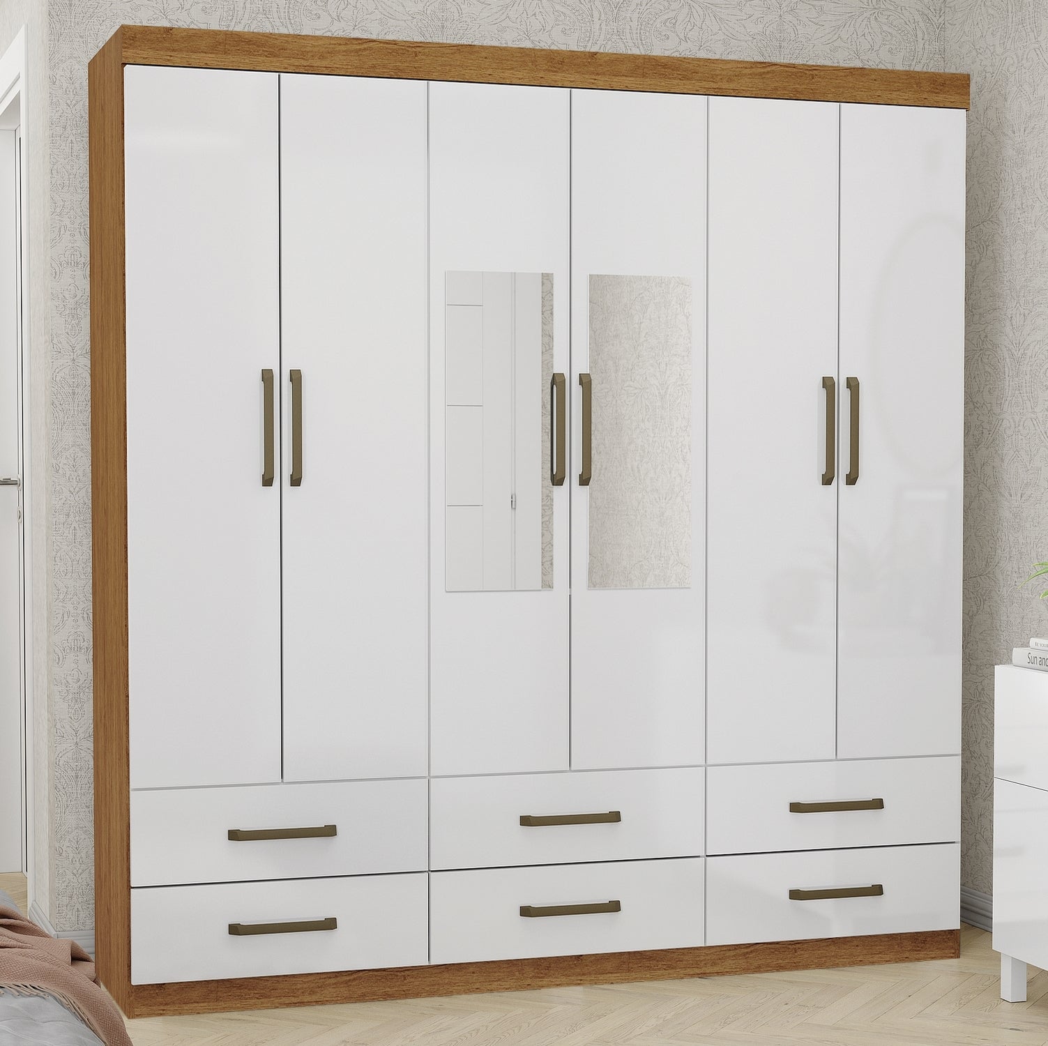 Guarda-Roupa 6 Portas(Com Espelho/Sem Pés)Dallas 1,53 m Cinamono/Branco – CARIOCA MÓVEIS