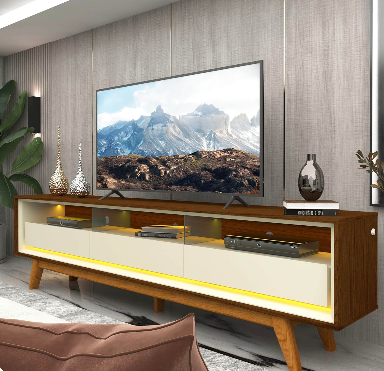 Rack Requinte 212 3G com LED Castanho.Off White Gelius