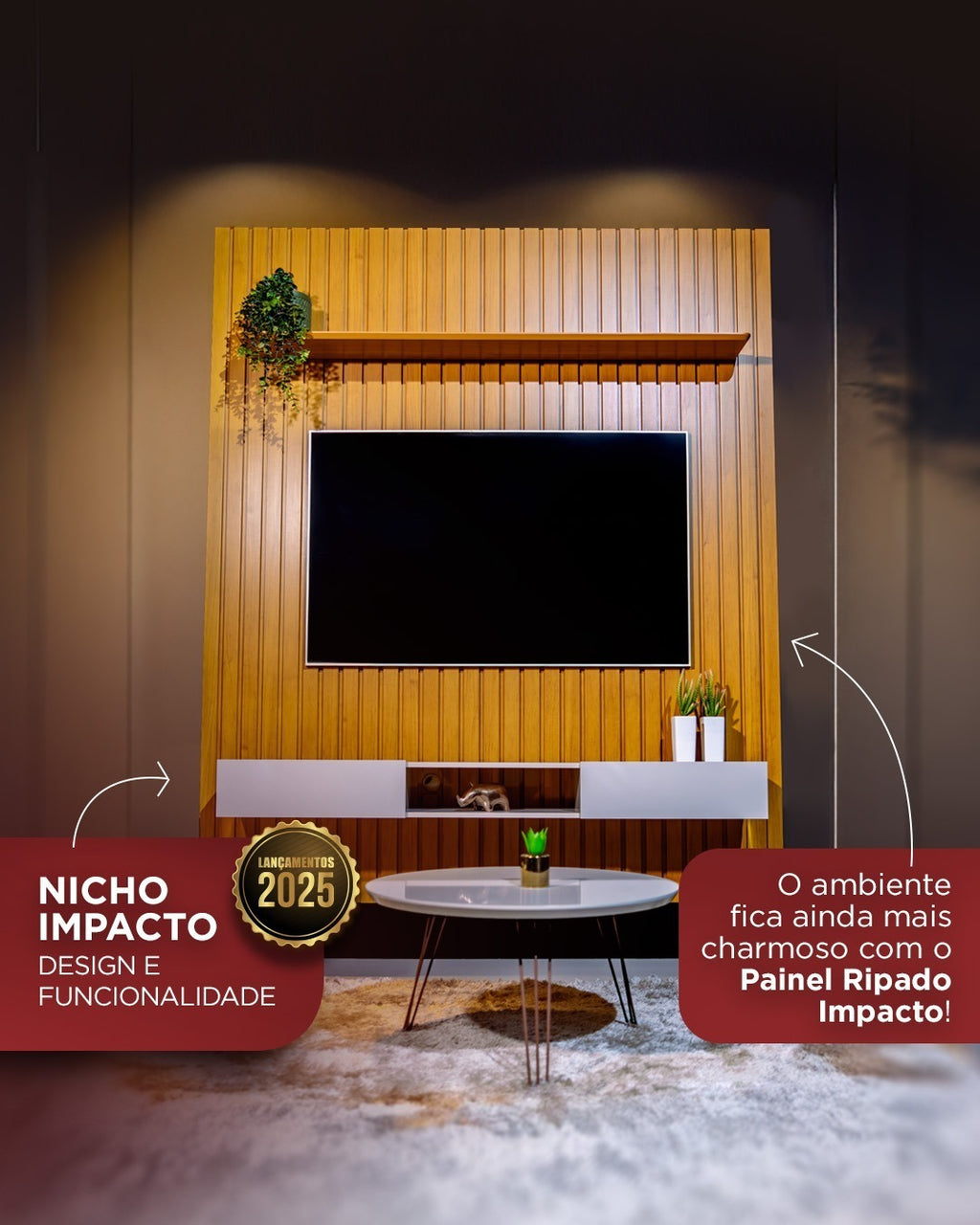 Painel Ripado até 55″ Impacto 1.4 Cinamono + Nicho Impacto 1.2 Off White – PATRIMAR