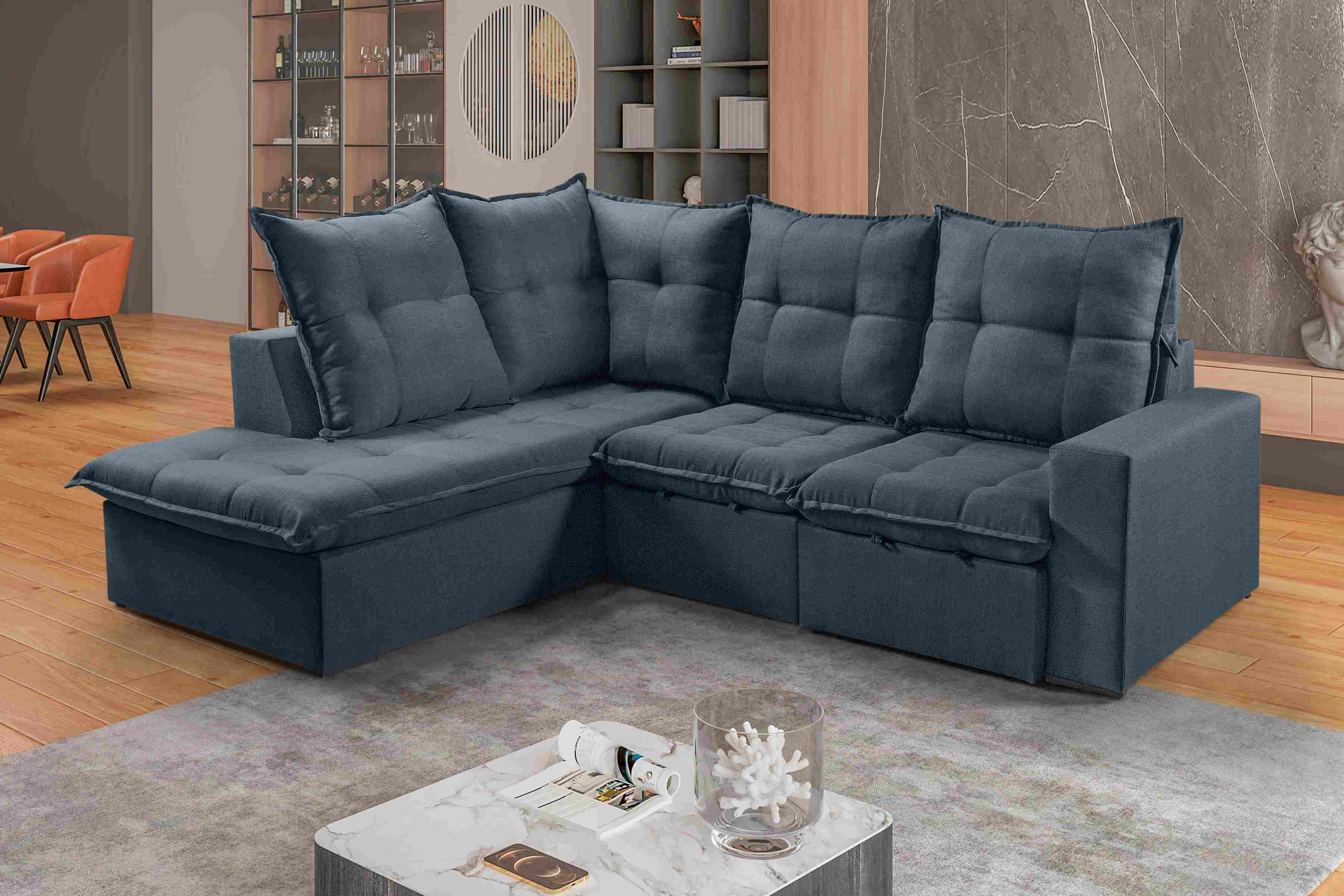 Estofado Retr Reclinavel Colatina 260 2x70 com Chaise 100 Linho Azul - Móveis furniture