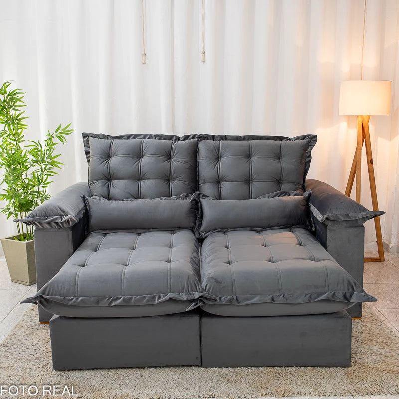 Sofá Retrátil Reclinável Maldivas 2.10m Veludo Grafite A15 - Espuma Pró Aditivada