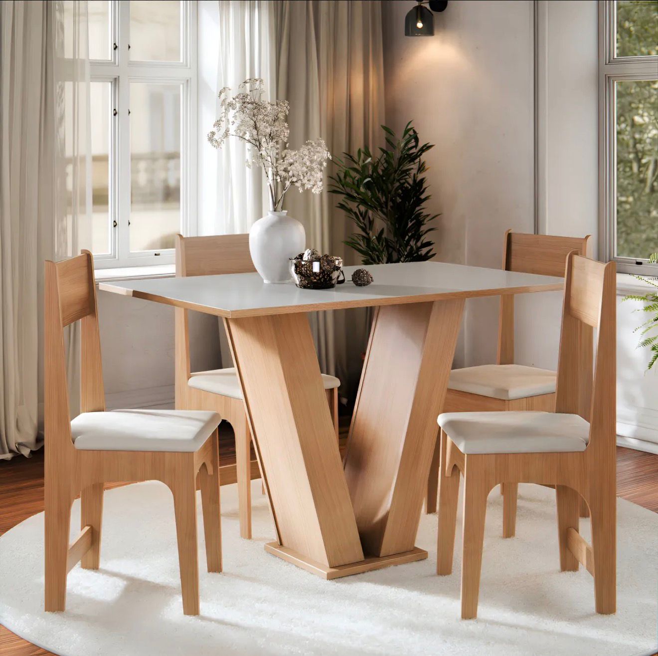 Mesa de Jantar Luiza c/4 Cadeiras Delta 1.10×0.75m – Mel/Off White