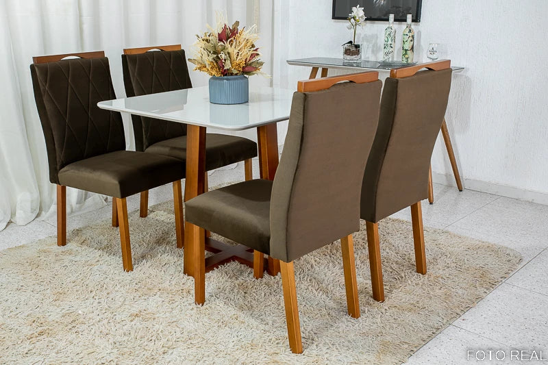 Mesa de Jantar Pedro Mel Tampo Vidro Off 90×90 4 Cadeiras Lisboa Veludo Marrom - Móveis furniture