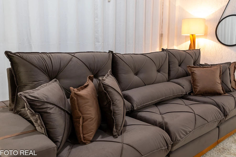 Sofá Retrátil Reclinável Gran Bello 3.20m Veludo Marrom - D33 e Molas Ensacadas