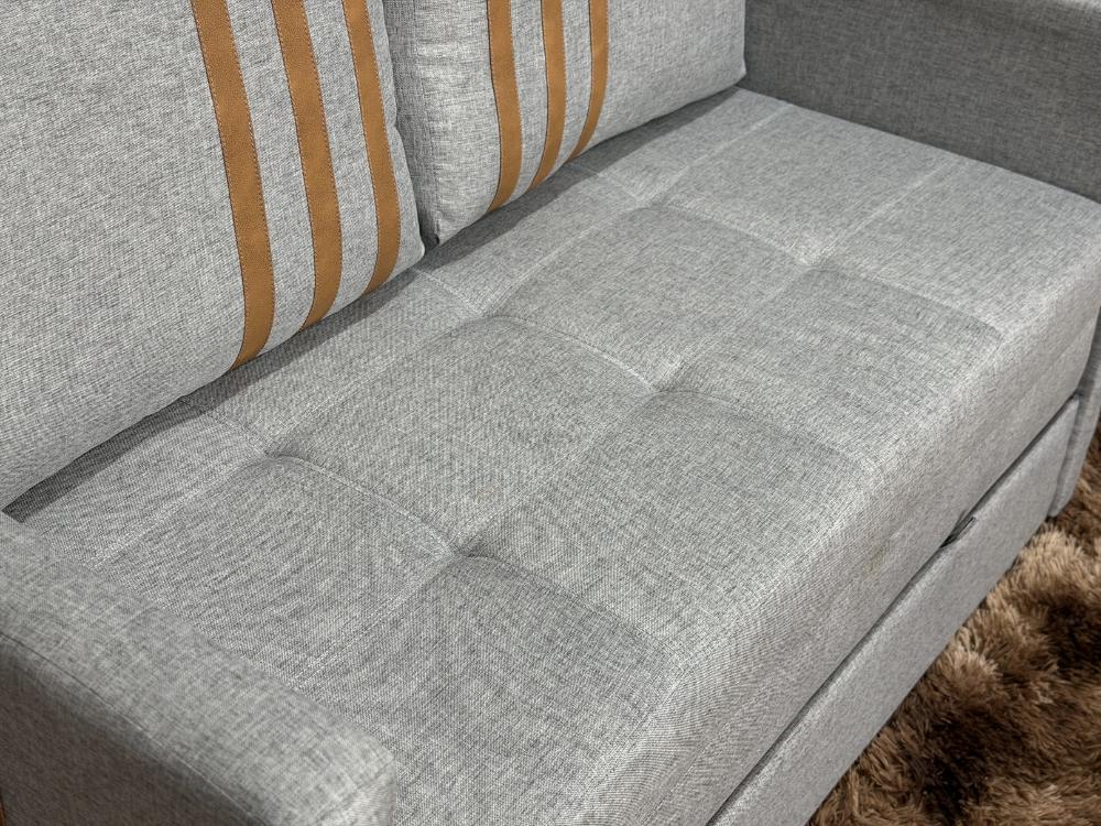 Sofa Cama Dominic 1.40m – Cinza Linho/Marrom Courino