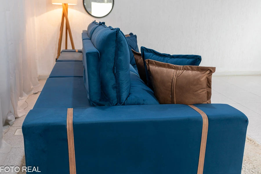 Sofá Retrátil Reclinável Gran Bello 3.20m Veludo Azul - D33 e Molas Ensacadas
