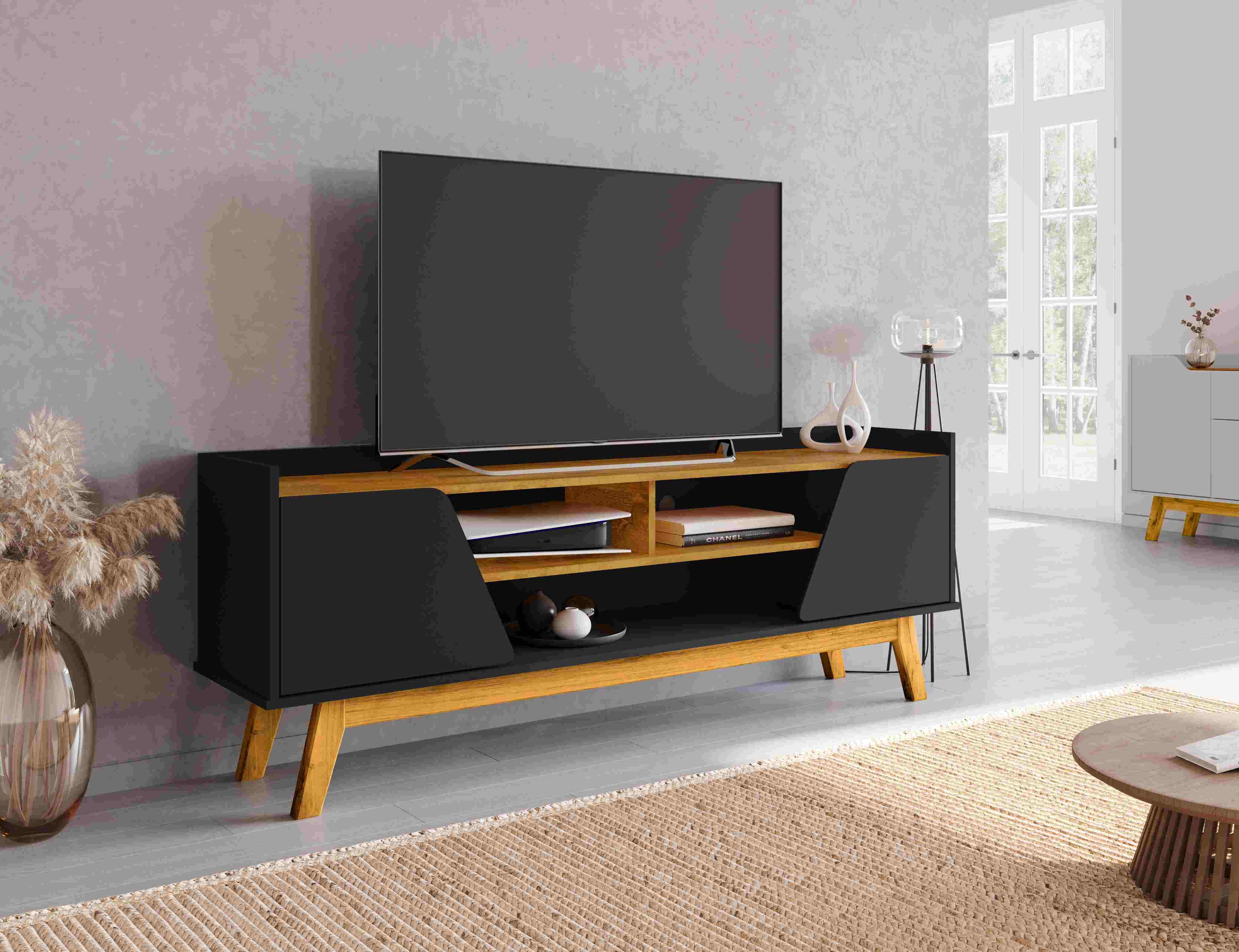 Rack Turim 160 2P3N Preto Fosco.Naturale Bechara Moveis