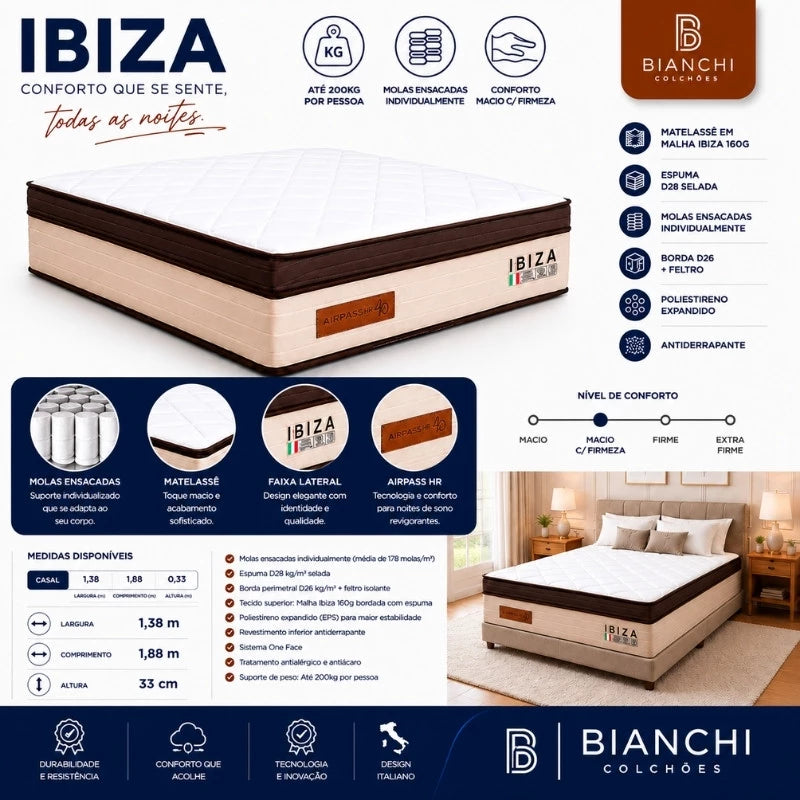 Colchão Casal Ibiza 138x188x33 Molas Ensacadas - Bianchi Colchões | Suporta até 200kg