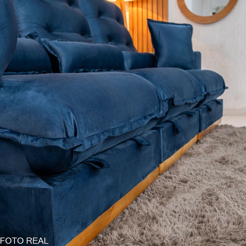 Sofá Retrátil Reclinável Mônaco 3.20m Veludo Azul A16 - Molas Ensacadas