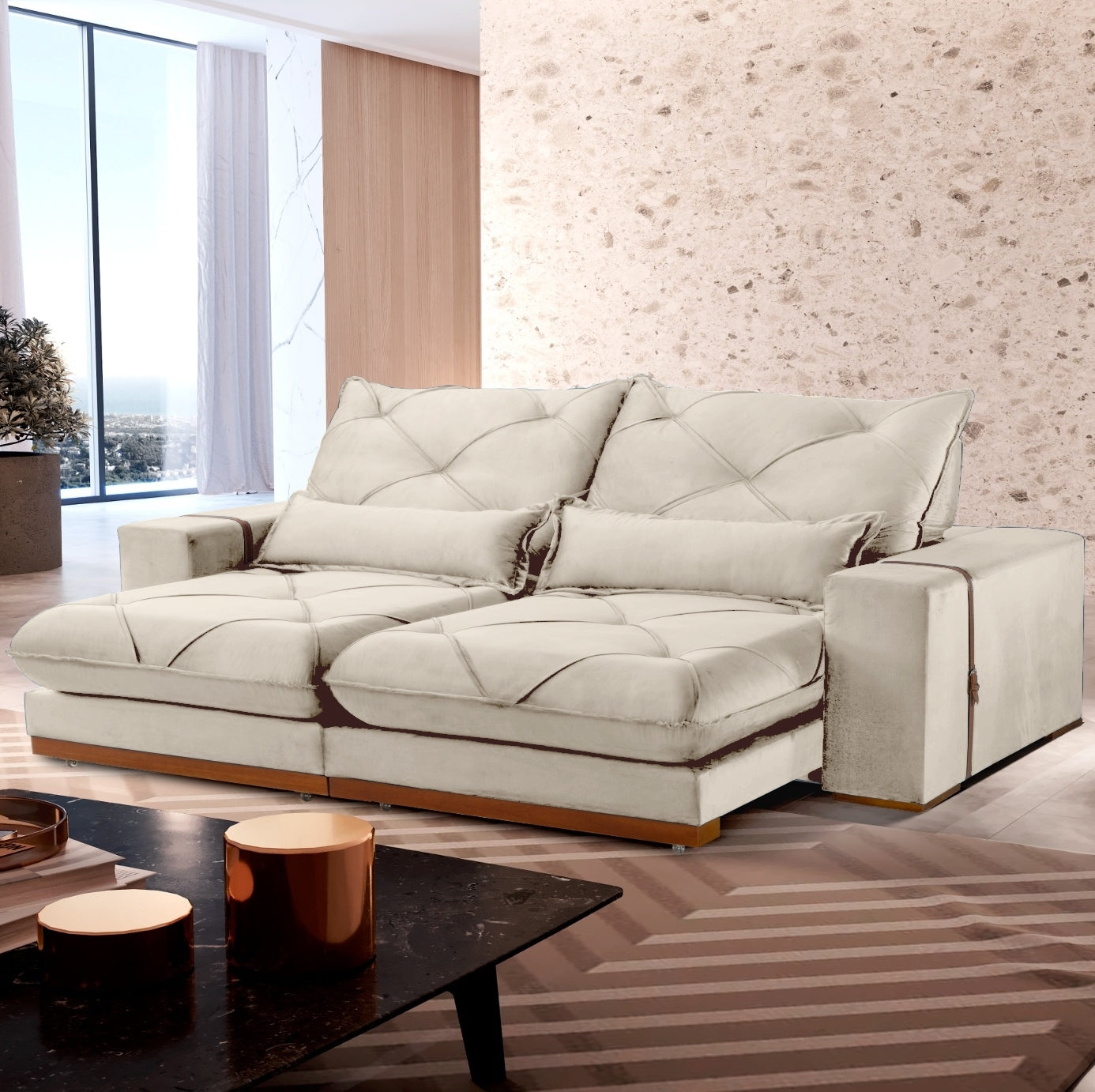 Sofá Retrátil e Reclinável Luanda/Isabella 2,50 m Veludo Bege – TREVO ESTOFADOS - Móveis furniture