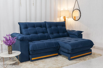 Sofá Retrátil Reclinável Barcelona 2.30m Veludo Azul - D33 e Molas Ensacadas