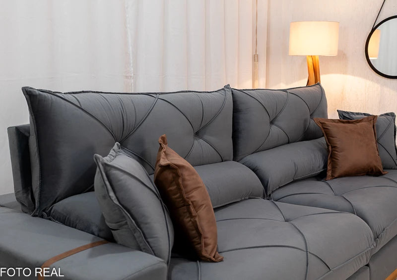 Sofá Retrátil Reclinável Gran Bello 2.90m Veludo Cinza 20 - Molas Ensacadas