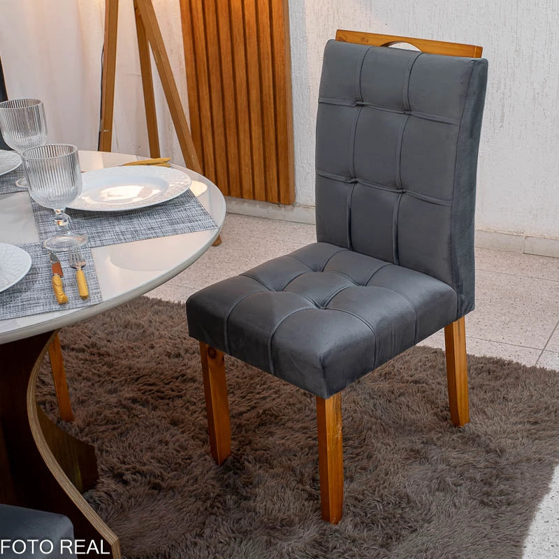 Mesa de Jantar Siena Redonda 100cm Vidro Off/Base Cinamomo + 4 Cad. Londres Veludo Chumbo Madeira Minas Plac - Entregue Montada