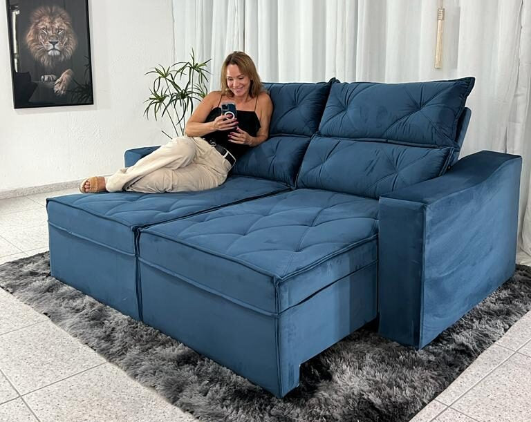 Sofá Retrátil e Reclinável 3 Lugares Moscou 2.00m Veludo Azul - Móveis furniture