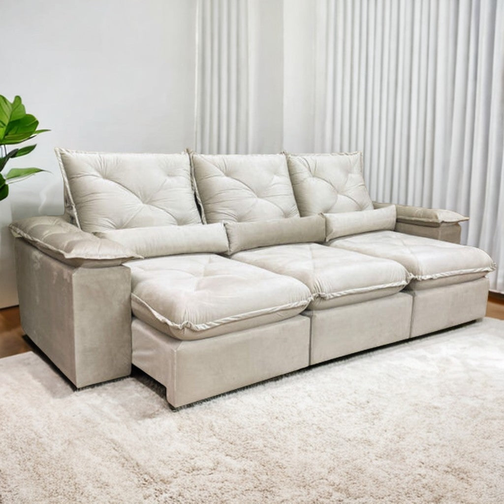 Sofá Retrátil e Reclinável Brasão 2,70 m Veludo Bege – MD ESTOFADOS