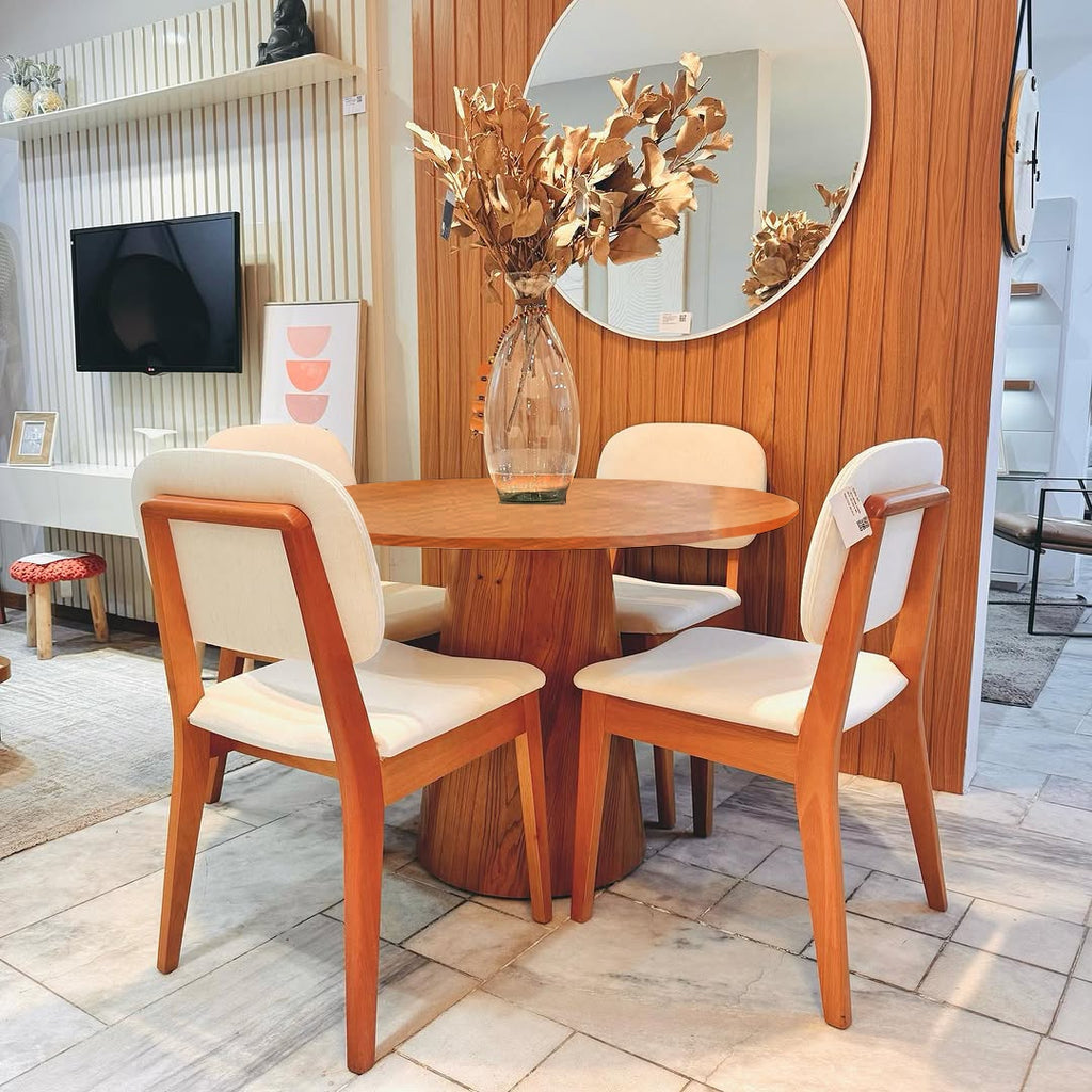 Mesa Redonda Malva 110 Mel com 4 Cadeiras Gaya Mel/Linho Bege 01 – J SILVA MÓVEIS