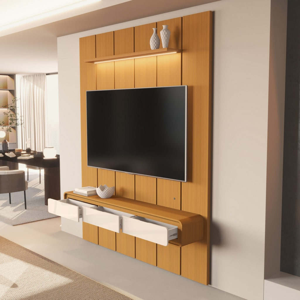 Painel até 75″ Lumi 1,88 m Cedro + Nicho Liv 1,80 Cedro/Off White – EDN MÓVEIS