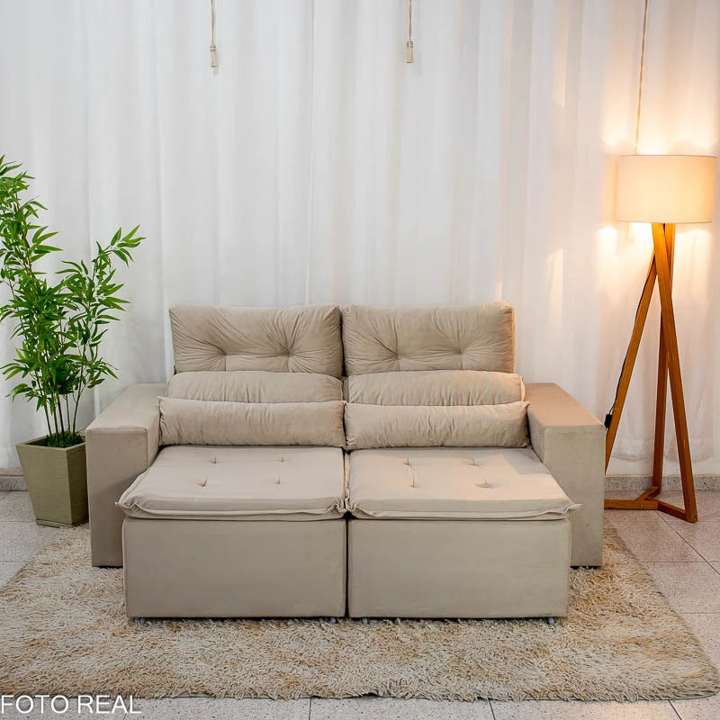 Sofá Retrátil Reclinável Bia 1.95m Veludo Bege - D28