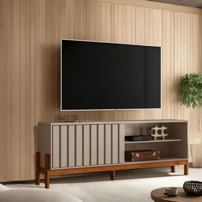 RACK NEW AURORA 1.88 PARA TV ATÉ 75 POLEGADAS C / PORTA RIPADA DE CORRER GRIGIO FOSCO/cinamomo