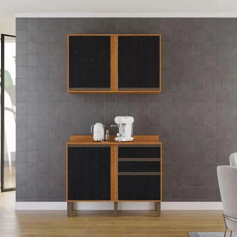 Aéreo Pérola Cinamomo/Preto 2 Portas + Balcão Cozinha Pérola Cinamomo/Preto Larg. 1.20m - Sallêto